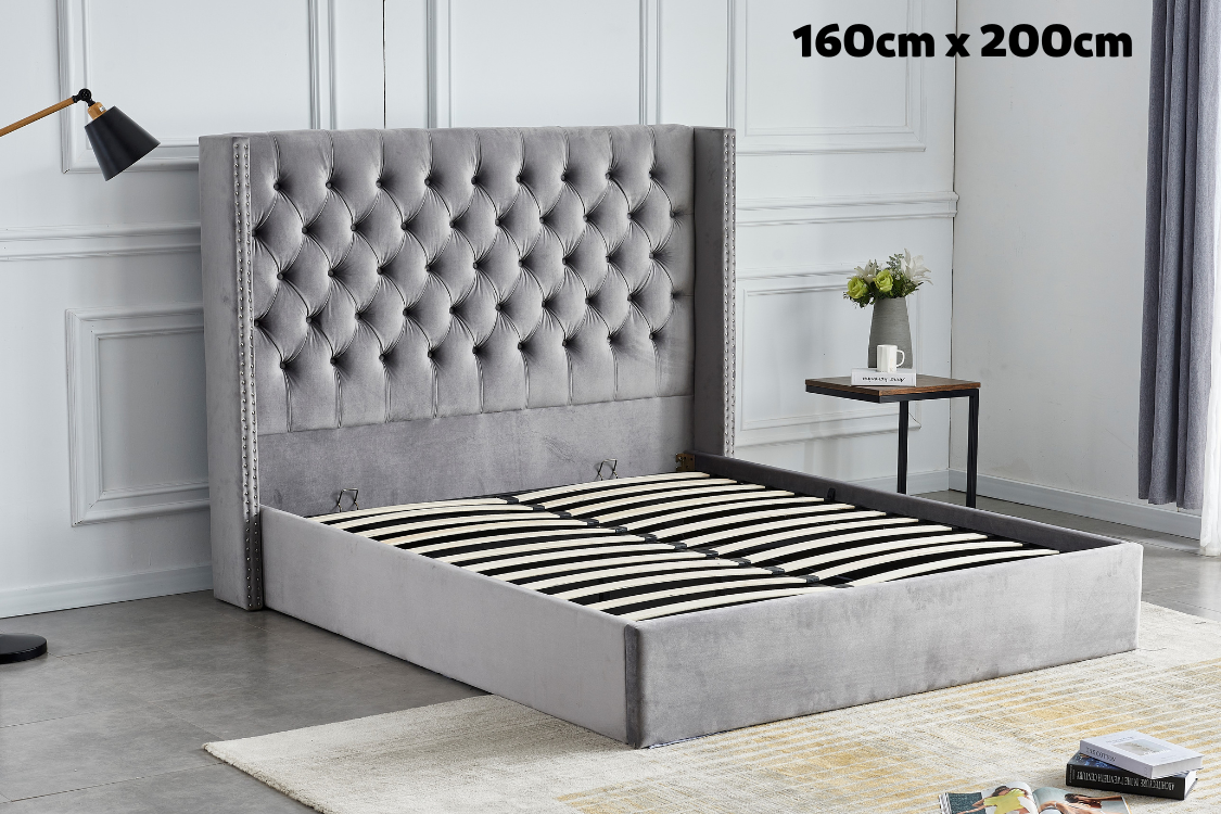Lit Double Cloute Capitonne Avec Coffre Velours - 160x200, Gris