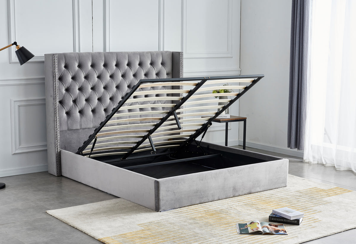 Lit Double Cloute Capitonne Avec Coffre Velours - 180x200, Gris