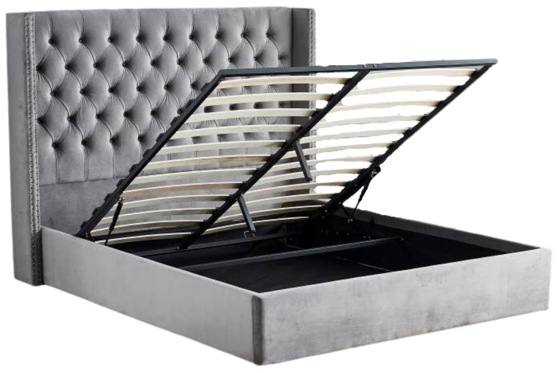 Lit Double Cloute Capitonne Avec Coffre Velours - 180x200, Gris