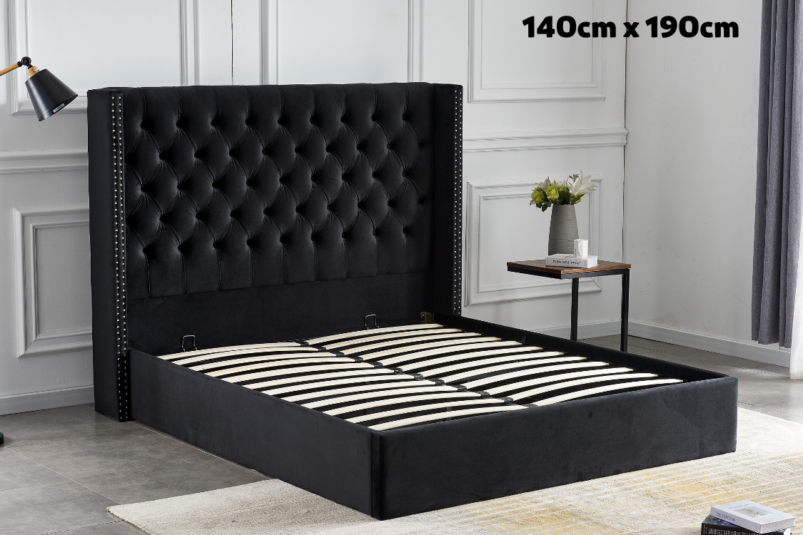 Lit Double Cloute Capitonne Avec Coffre Velours - 140x190, Noir
