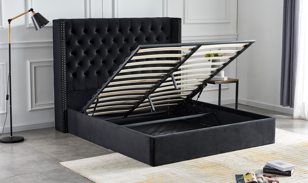 Lit Double Cloute Capitonne Avec Coffre Velours - 140x190, Noir