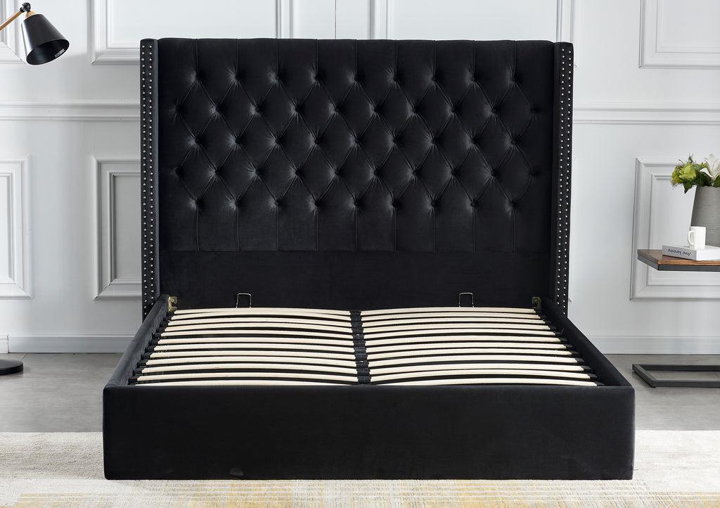 Lit Double Cloute Capitonne Avec Coffre Velours - 140x190, Noir