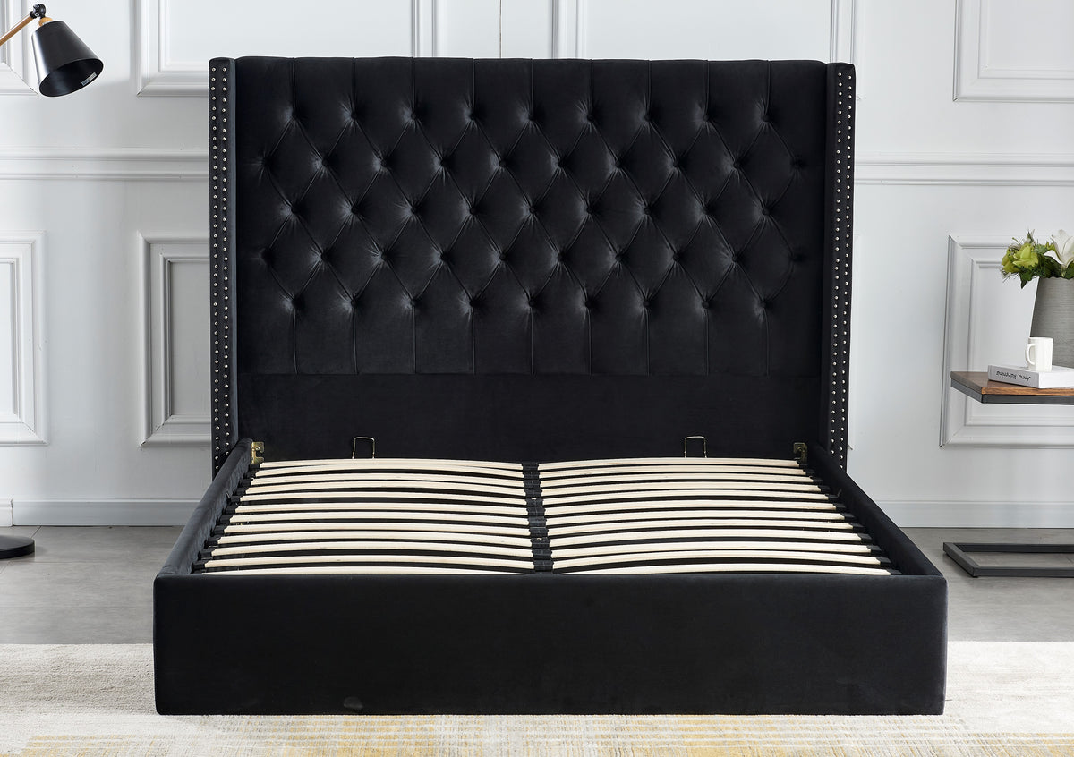 Lit Double Cloute Capitonne Avec Coffre Velours - 140x190, Noir