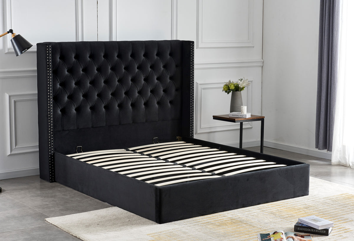 Lit Double Cloute Capitonne Avec Coffre Velours - 180x200, Noir