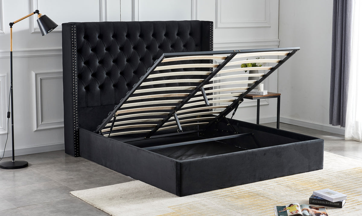 Lit Double Cloute Capitonne Avec Coffre Velours - 180x200, Noir