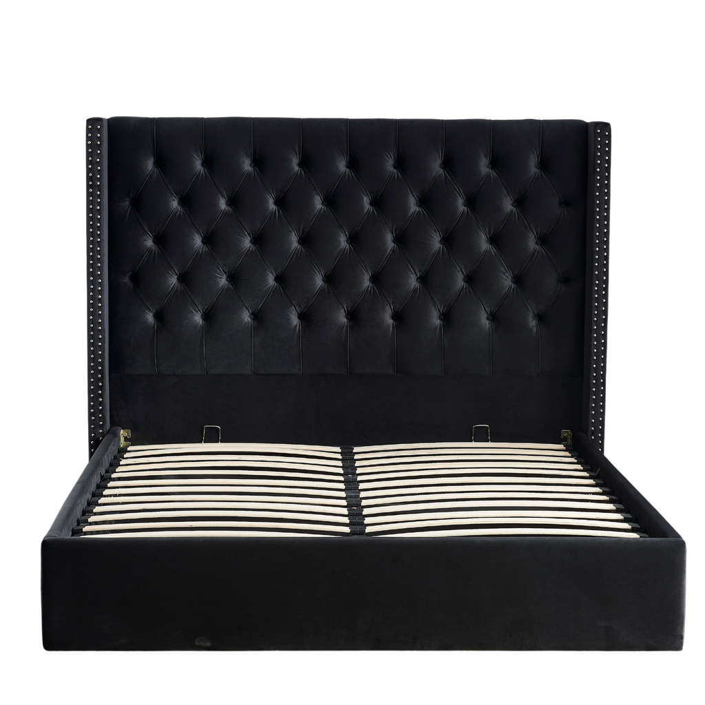 Lit Double Cloute Capitonne Avec Coffre Velours - 180x200, Noir