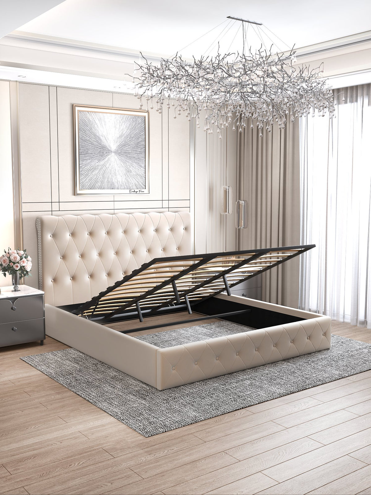 Lit Coffre Corsica En Velours - 140x190, Beige