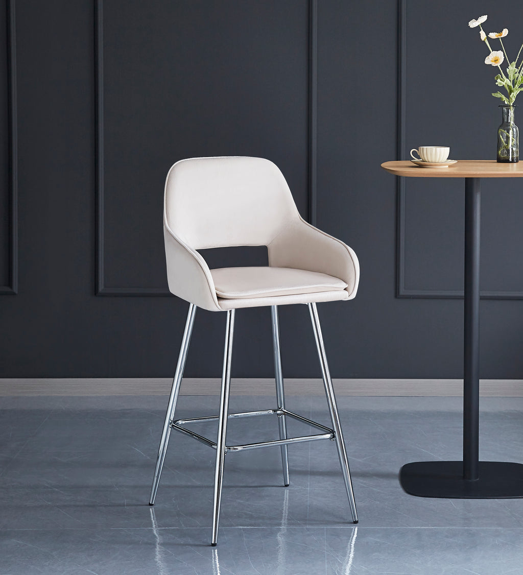 Tabouret de bar Athena en velours – Pieds chrome - velours beige - assise 70 cm