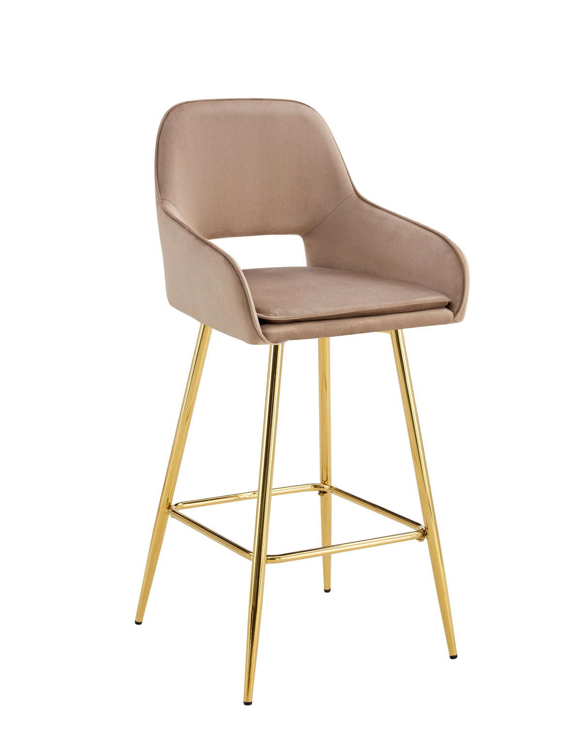 Tabouret de bar Athena en velours – Pieds dorés - velours taupe - assise 70 cm