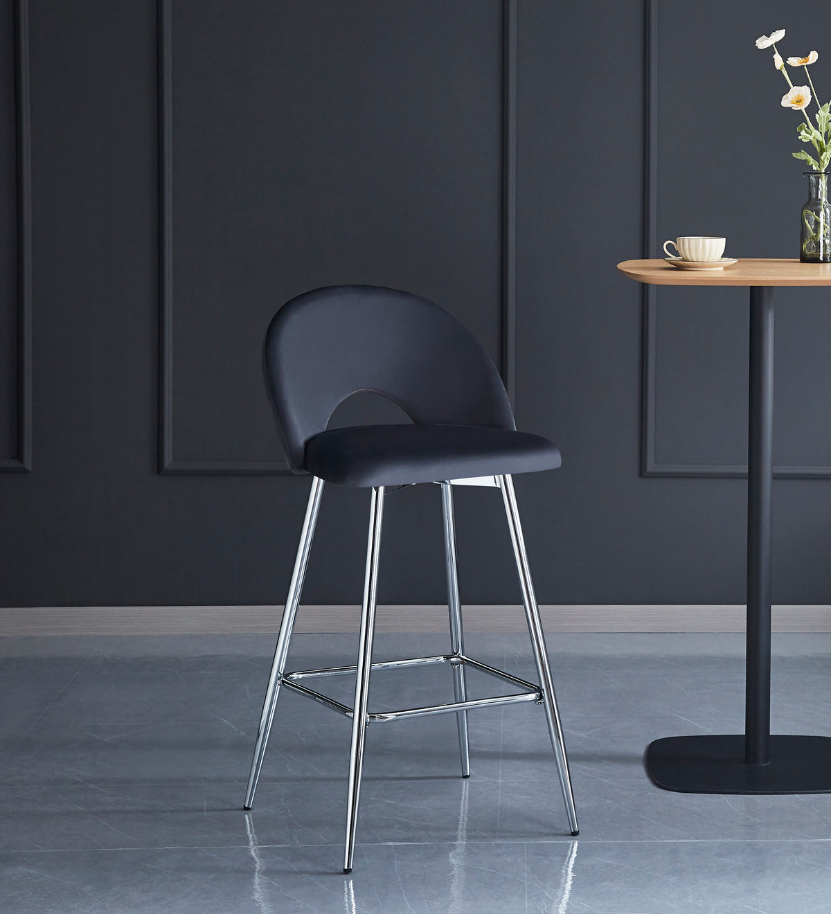 Tabouret De Bar Teddy Pied Chrome Velours Anthracite