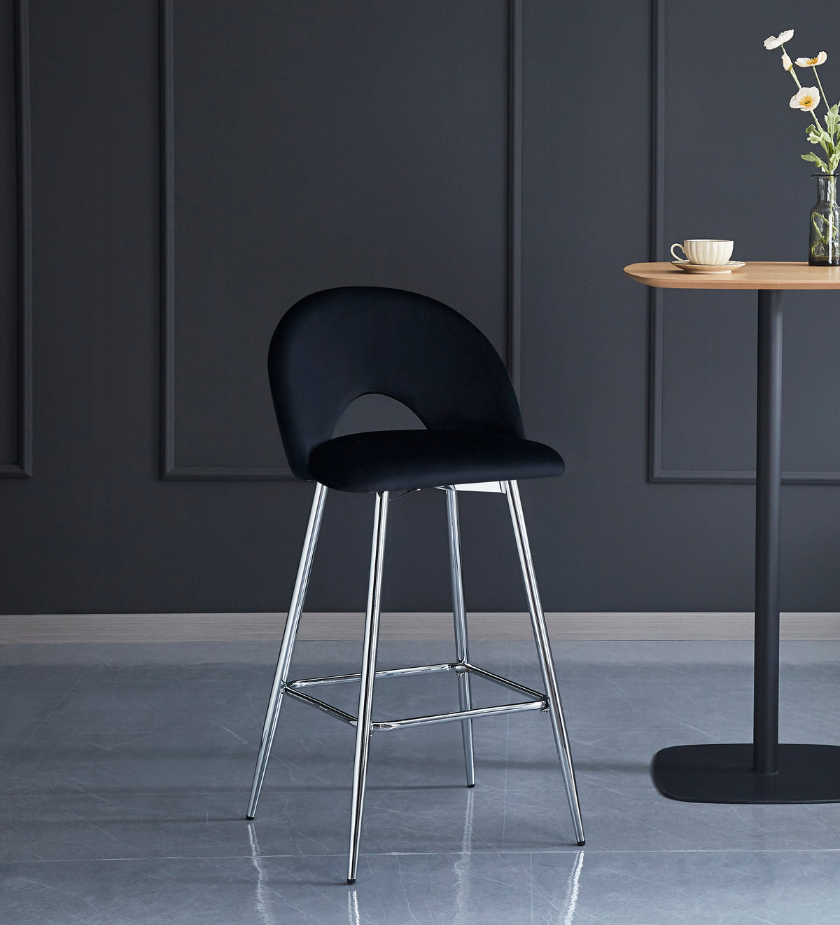 Tabouret De Bar Teddy Pied Chrome Velours Noir