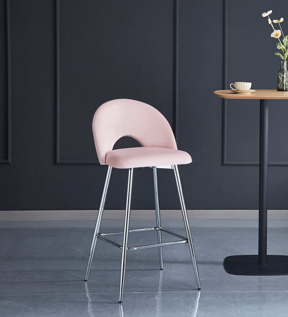 Tabouret De Bar Teddy Pied Chrome Velours Rose
