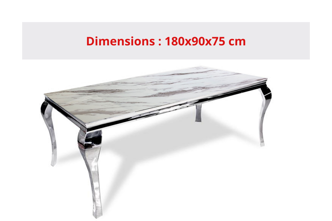 Table Repas Baroque Chrome Marbre Blanc 180X90X75 Cm