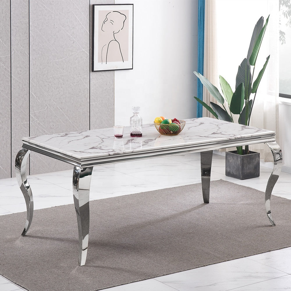Table Repas Baroque Chrome Marbre Blanc 180X90X75 Cm