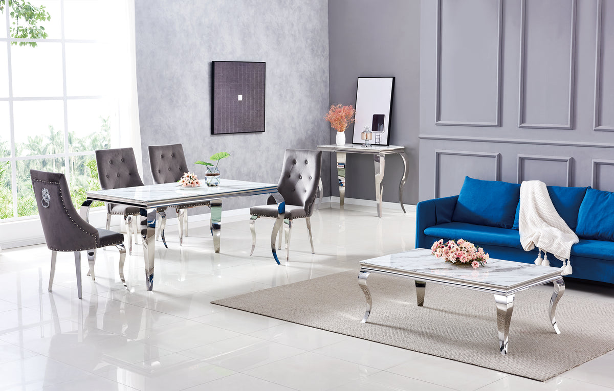 Table Repas Baroque Chrome Marbre Blanc 180X90X75 Cm