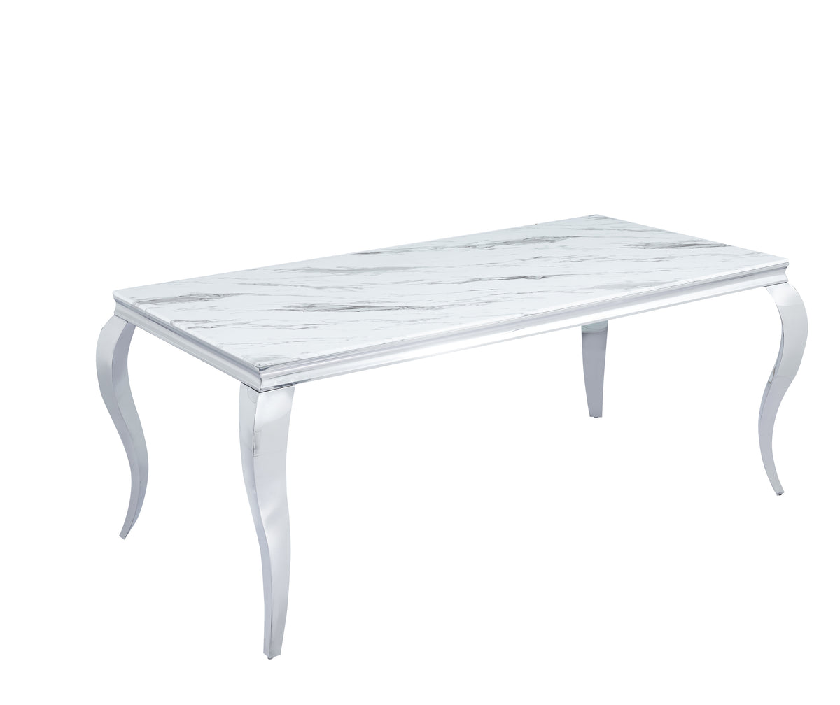 Table Repas Baroque Chrome Marbre Blanc 180X90X75 Cm