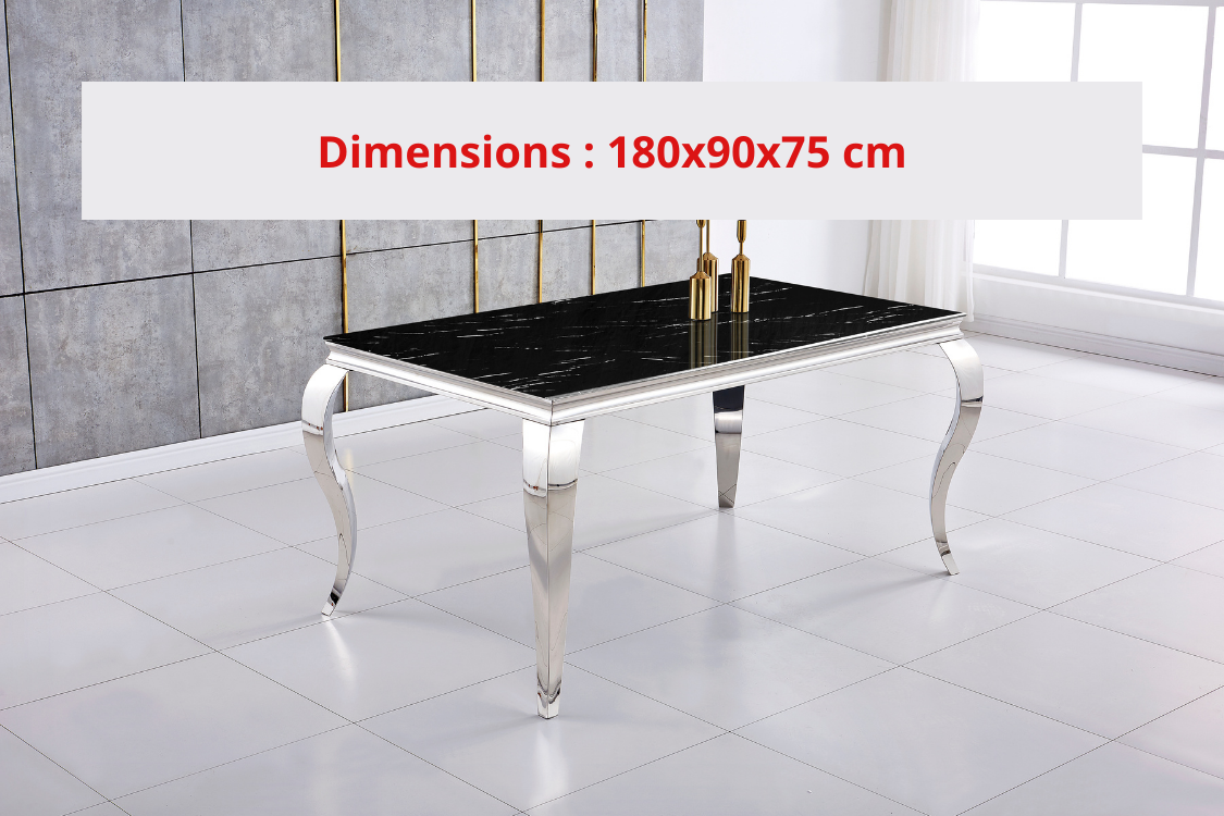 Table Repas Baroque Chrome Marbre Noir 180X90X75 Cm