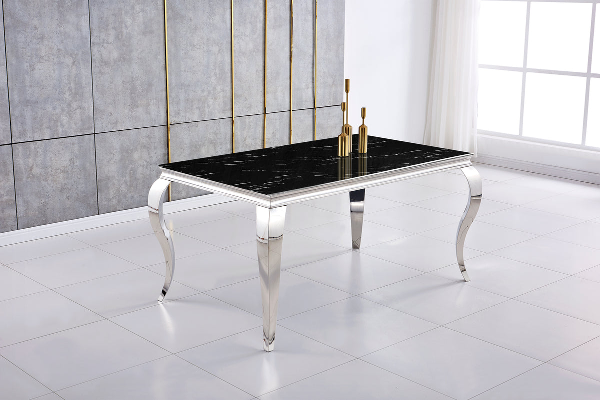 Table Repas Baroque Chrome Marbre Noir 180X90X75 Cm