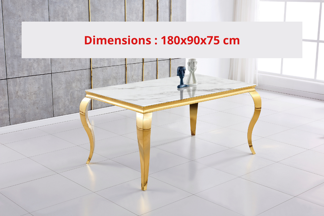 Table Repas Baroque Gold Marbre Blanc 180X90X75 Cm