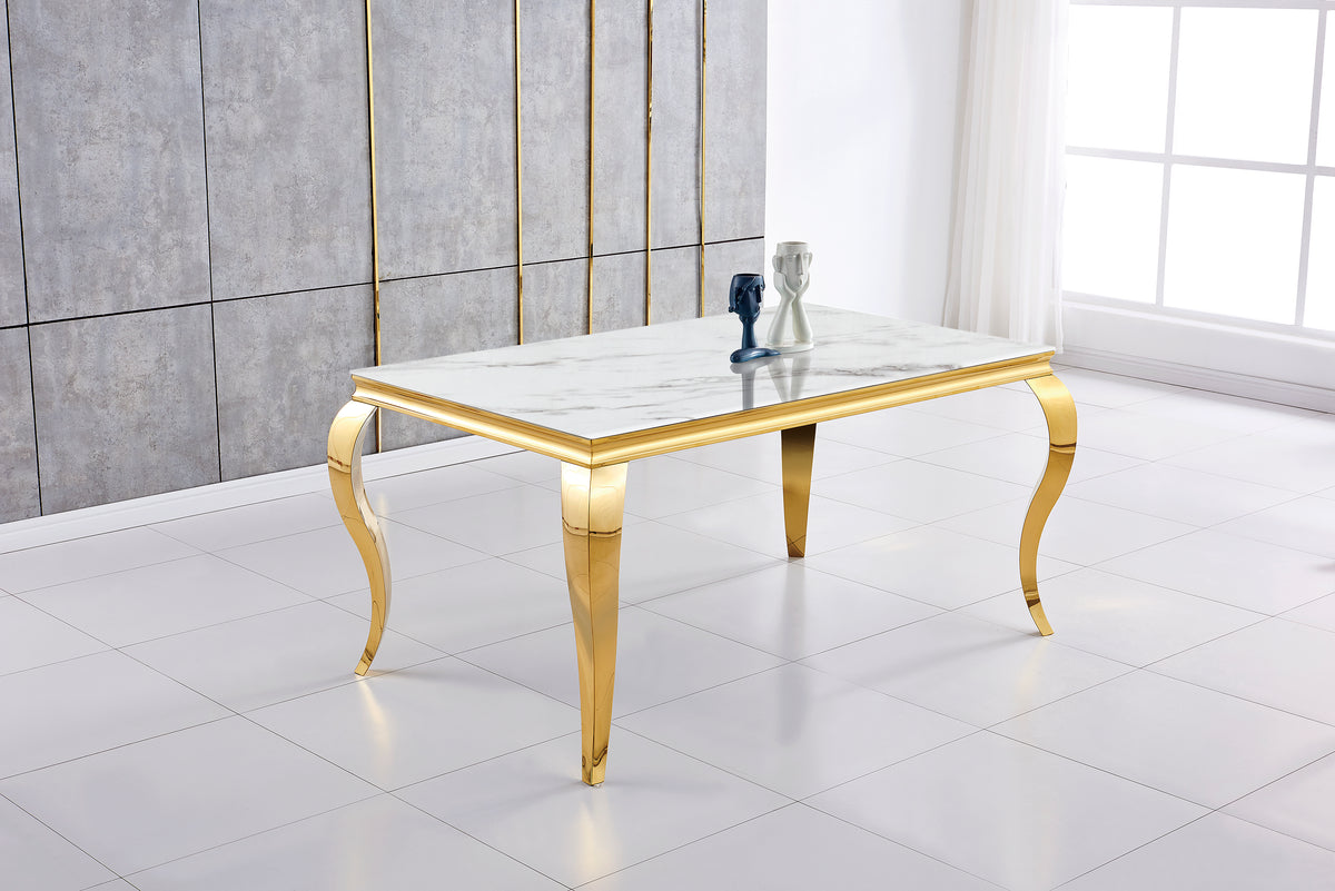 Table Repas Baroque Gold Marbre Blanc 180X90X75 Cm