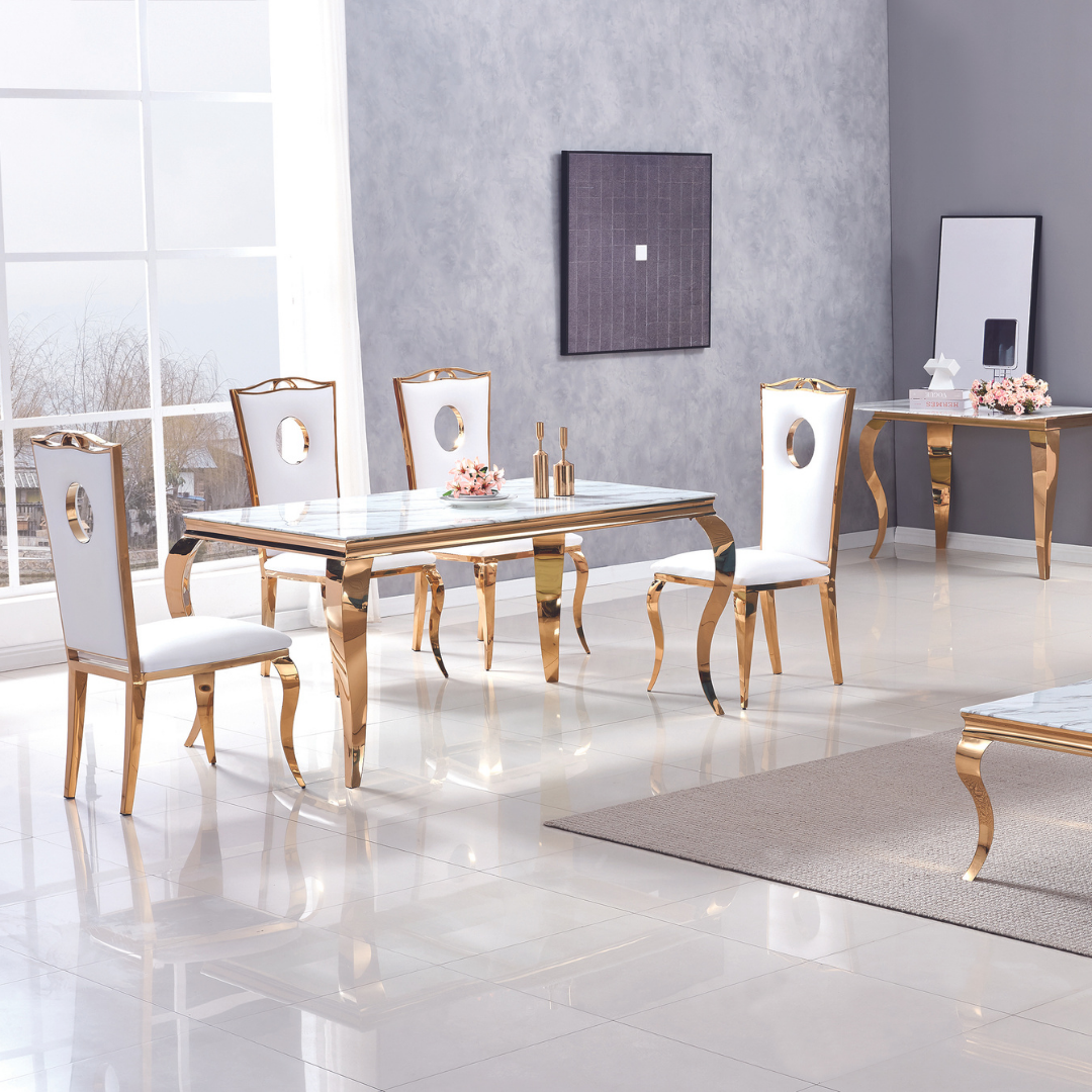 Table Repas Baroque Gold Marbre Blanc 180X90X75 Cm