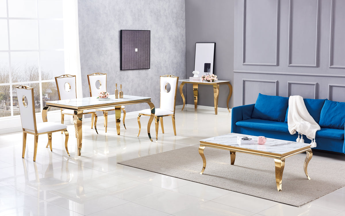 Table Repas Baroque Gold Marbre Blanc 180X90X75 Cm