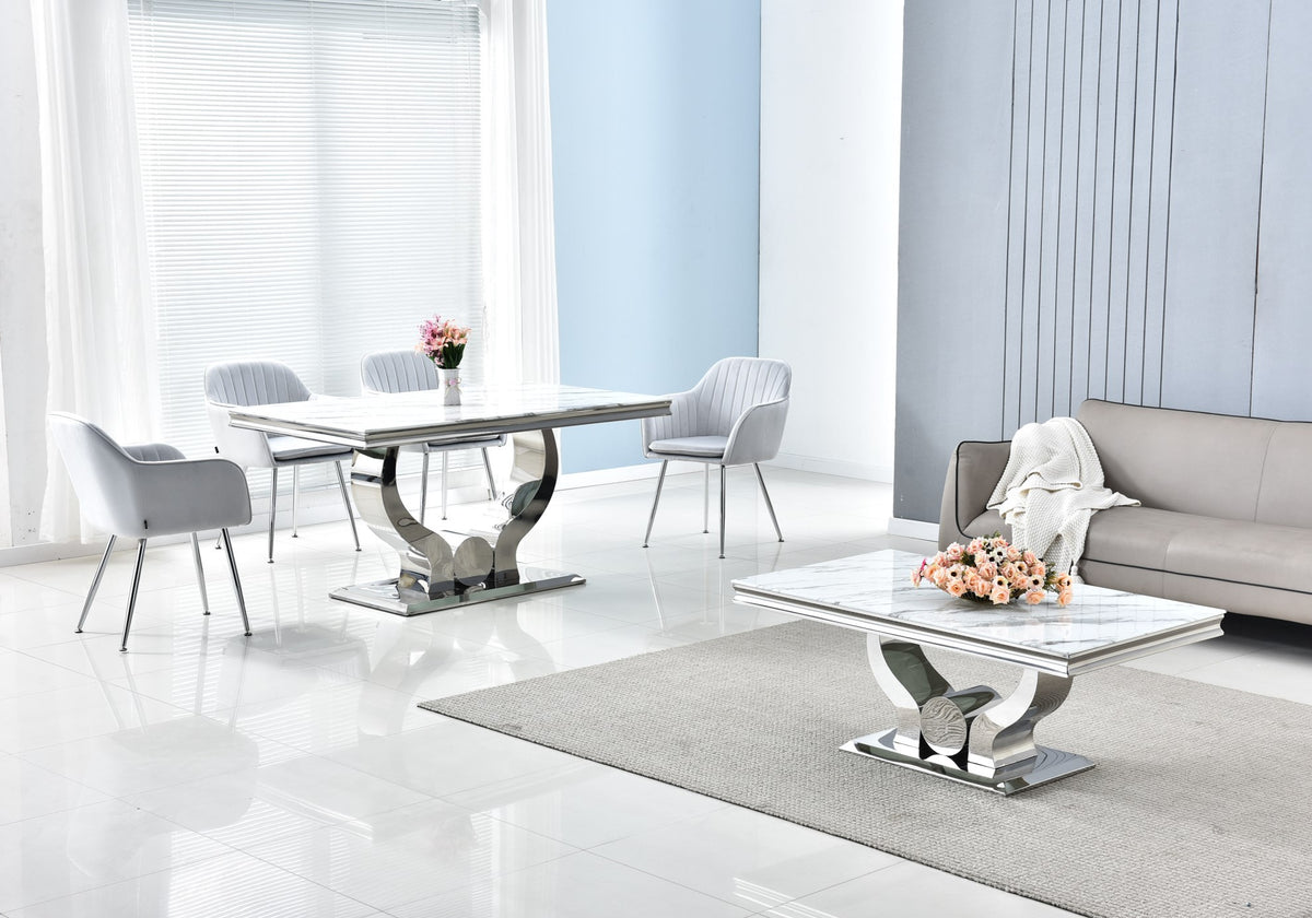 Table Trofy Chrome Marbre Blanc 180 Cm