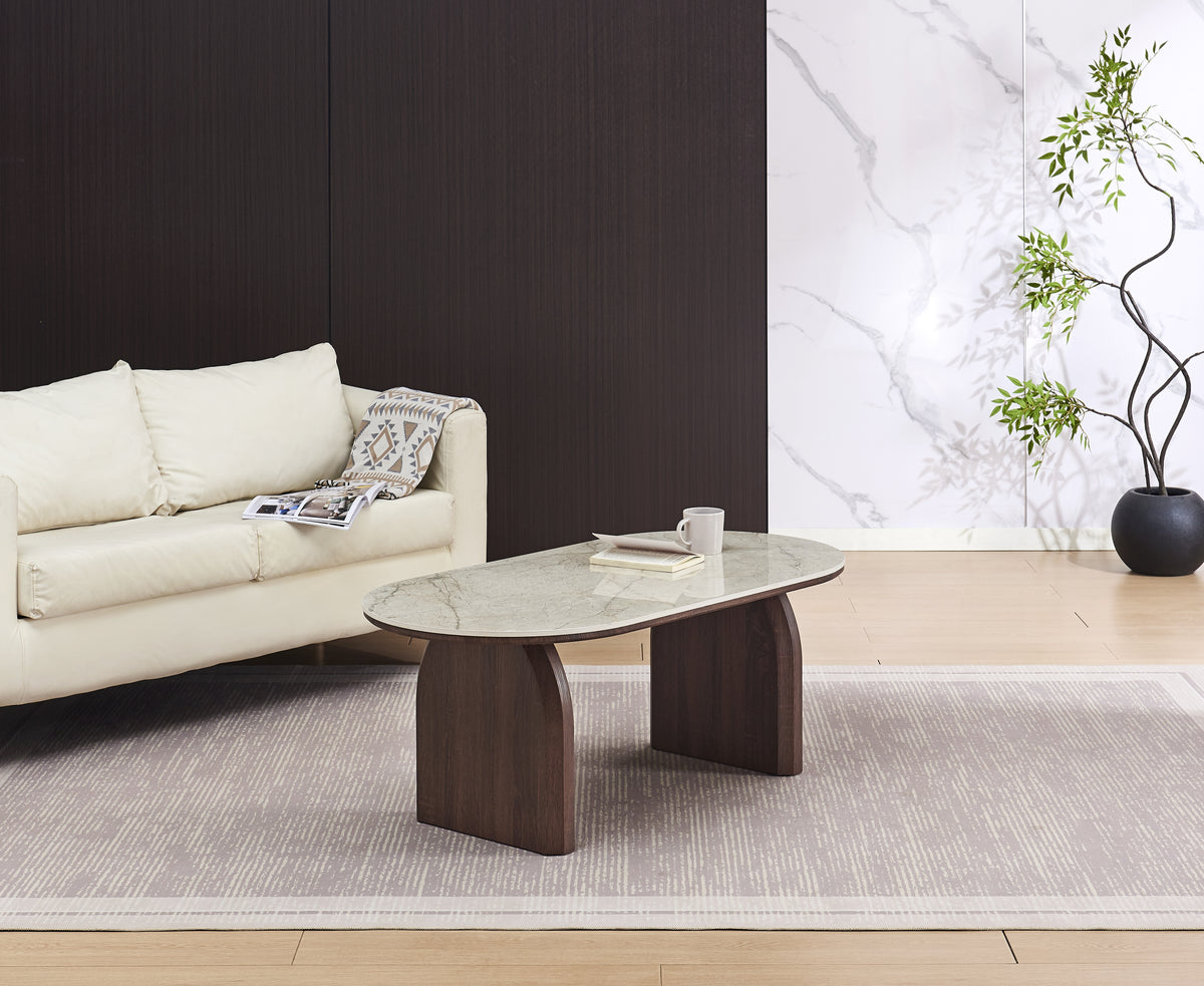 Table Basse Fluide Pied Effet Noyer Plateau Céramique Shakespeare 120X60X45Cm