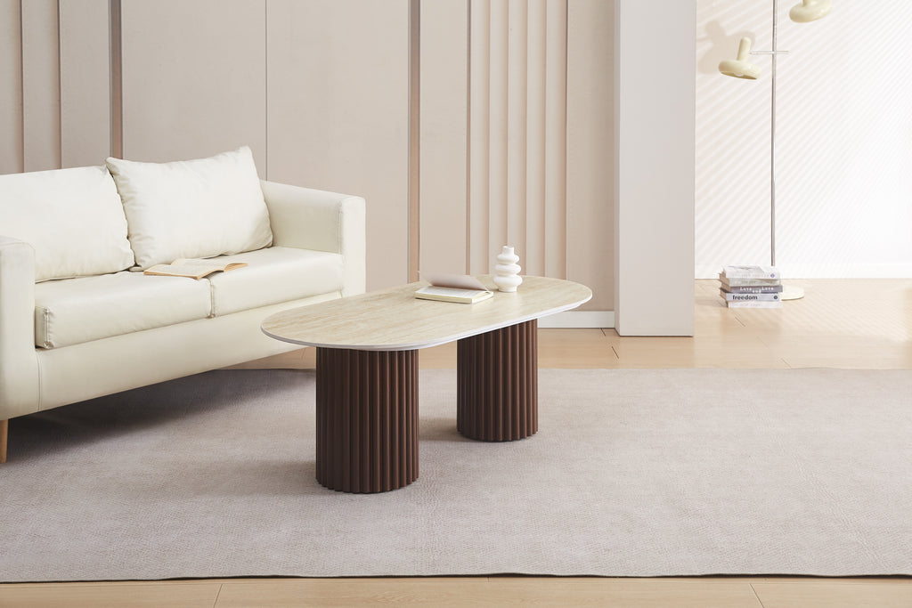 Table Basse Keysha Pied Effet Noyer Céramique Travertin Mat 120X60X45Cm
