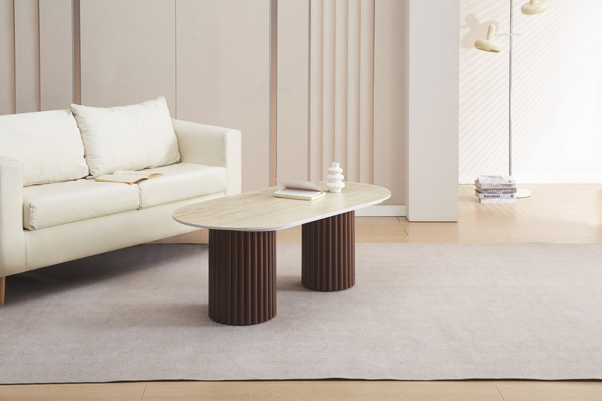 Table Basse Keysha Pied Effet Noyer Céramique Travertin Mat 120X60X45Cm