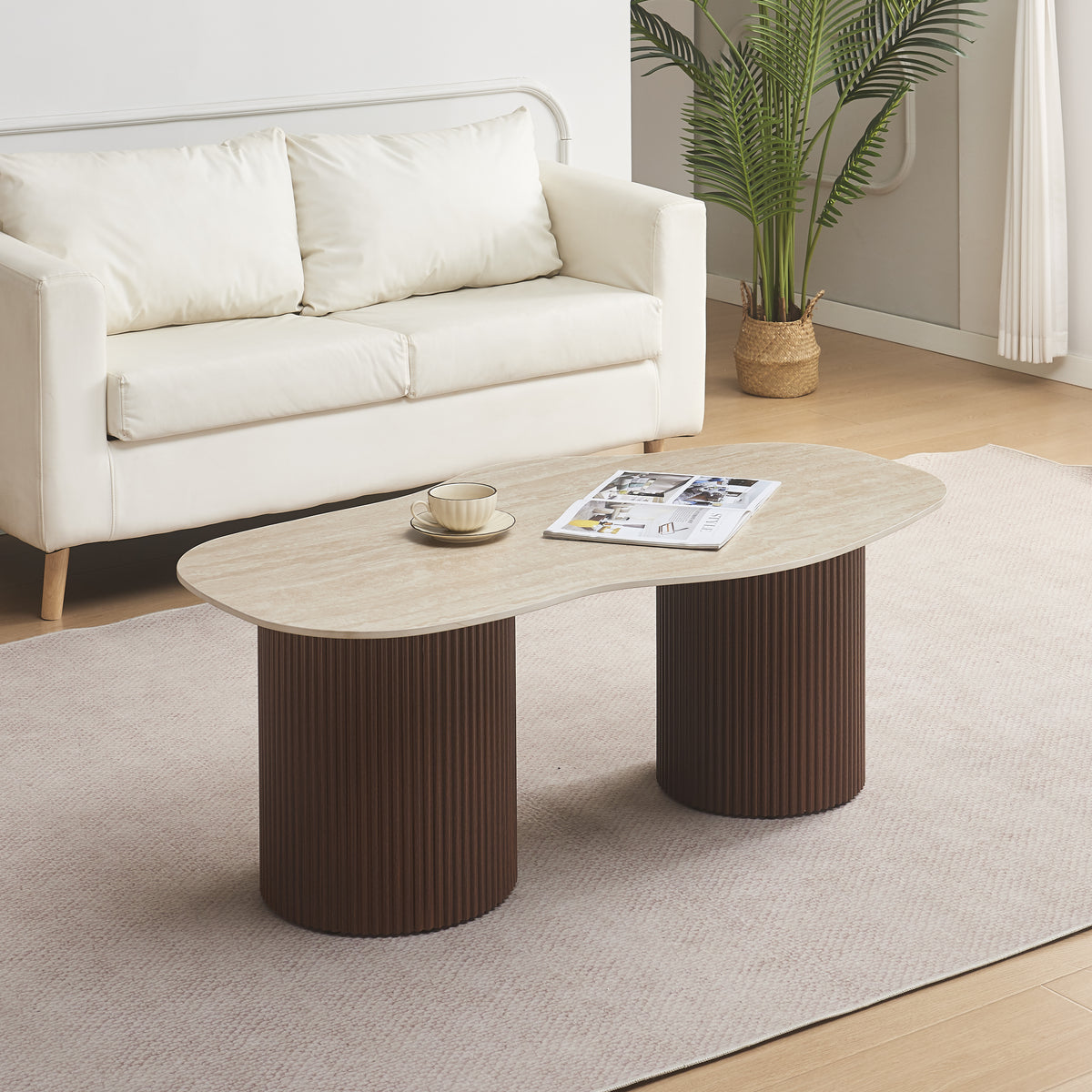 Table Basse New Niki Pied Noyer Plateau Céramique Travertin Mat 120X70X45Cm
