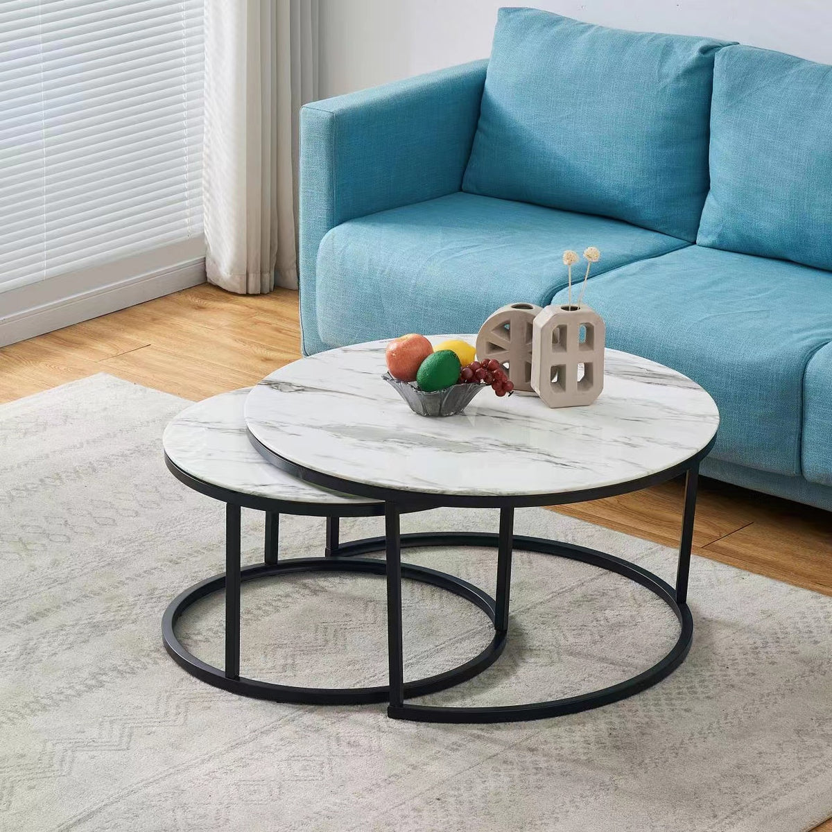 Table Basse Gigogne Metal Noir Plateau Verre Marbre Blanc