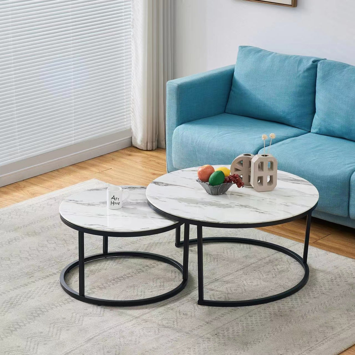 Table Basse Gigogne Metal Noir Plateau Verre Marbre Blanc
