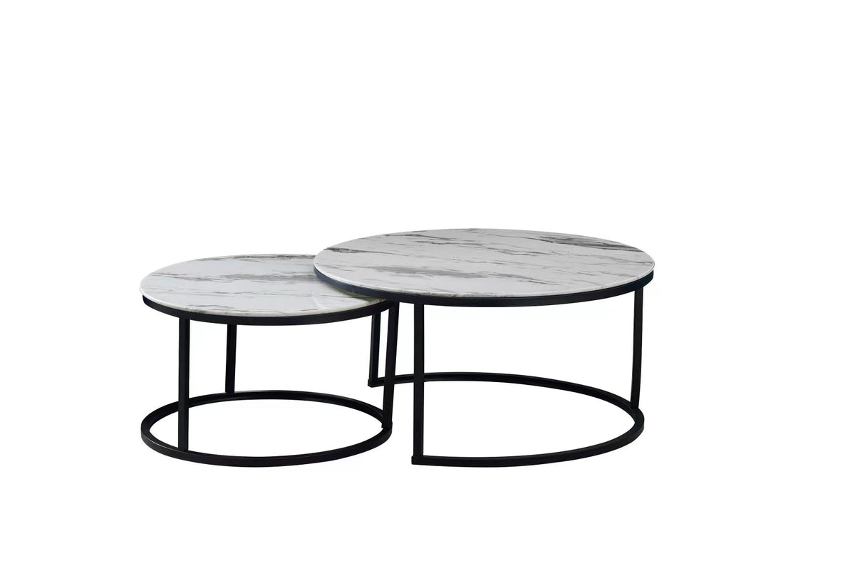 Table Basse Gigogne Metal Noir Plateau Verre Marbre Blanc