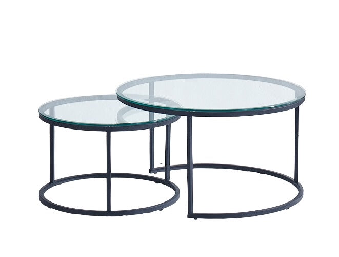 Table Basse Gigogne Metal Noir Plateau Verre Transparent