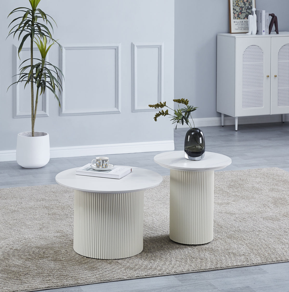 Table Basse Gigogne Polpo Pied Beige Plateau Céramique Marbre Blanc 70X70X38 + 50X50X45Cm