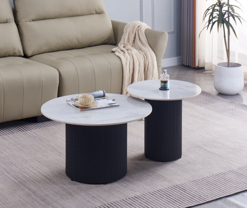 Table Basse Gigogne Polpo Metal Noir Plateau Céramique Marbre Gris 70X70X38 + 50X50X45