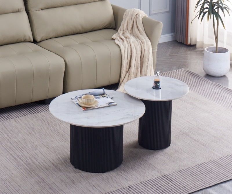 Table Basse Gigogne Polpo Metal Noir Plateau Céramique Marbre Gris 70X70X38 + 50X50X45