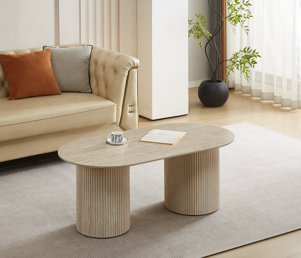 Table Basse Kinshasa Pied métal Travertin Plateau Céramique Travertin Mat 120X60X45Cm