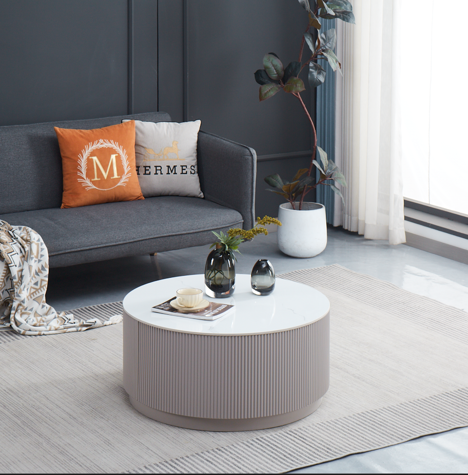 Table Basse Bari Bois Gris Plateau Marbre Blanc Avec Tiroir 80X45Cm