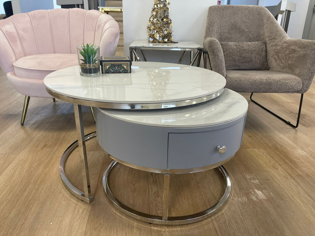Table Basse Gigogne Novela Tiroir Gris Pieds Chrome Marbre Blanc 80+60