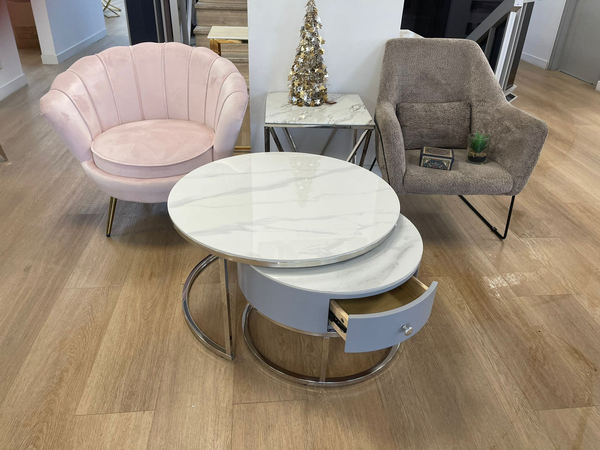 Table Basse Gigogne Novela Tiroir Gris Pieds Chrome Marbre Blanc 80+60