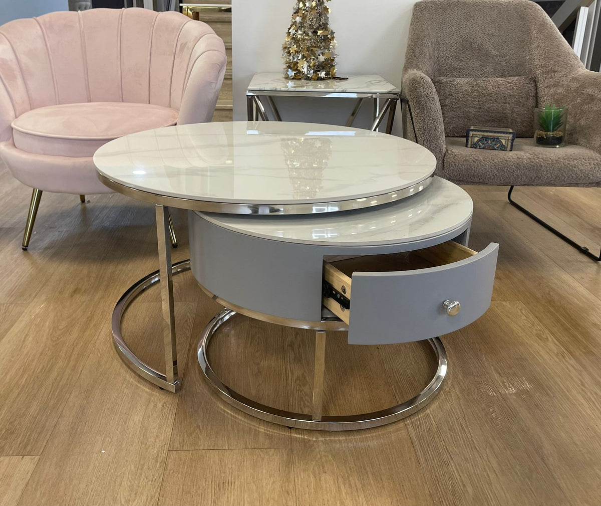 Table Basse Gigogne Novela Tiroir Gris Pieds Chrome Marbre Blanc 80+60