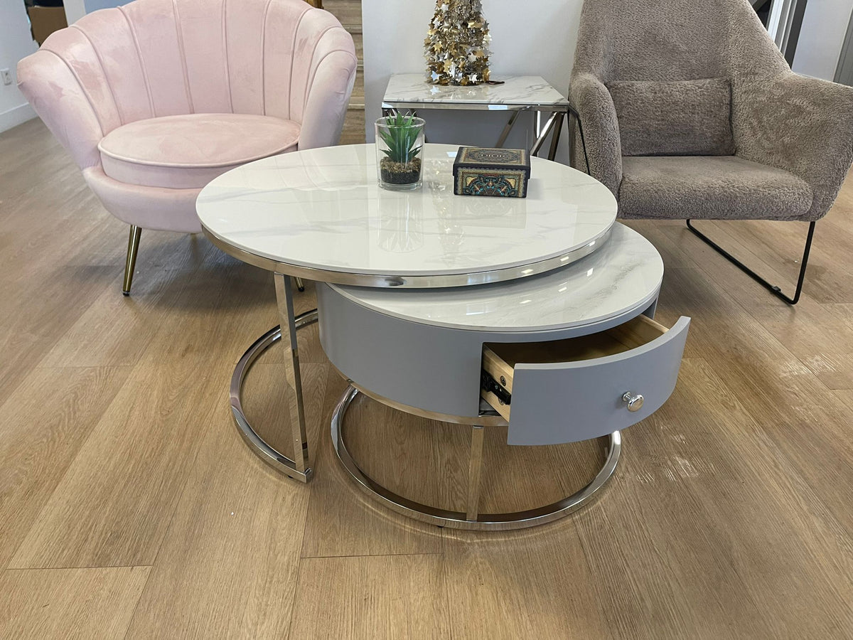 Table Basse Gigogne Novela Tiroir Gris Pieds Chrome Marbre Blanc 80+60