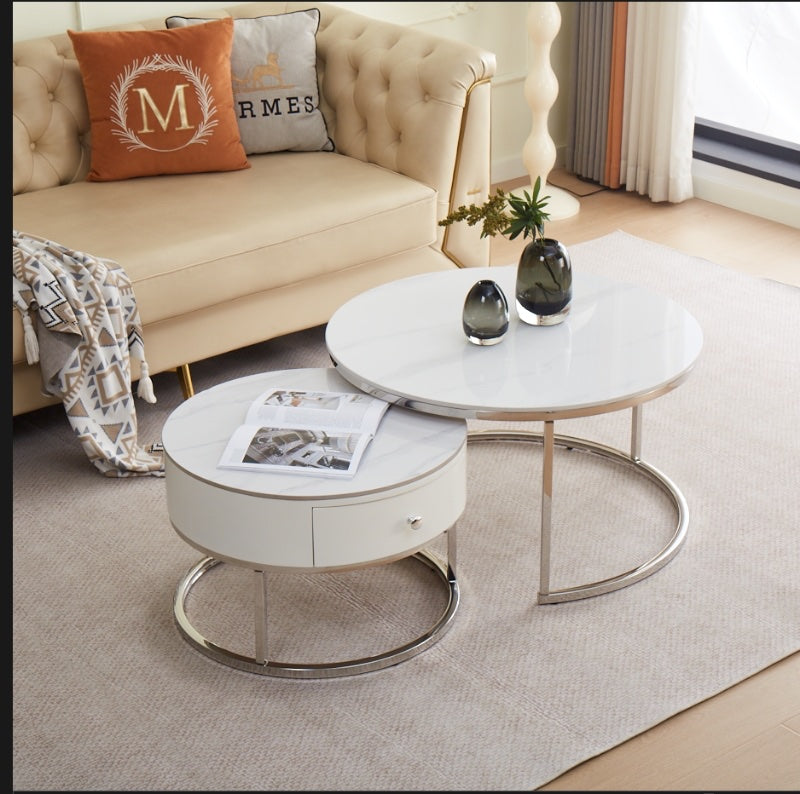 Table Basse Gigogne Novela Pied Chrome Plateau Céramique Marbre Blanc 80+60