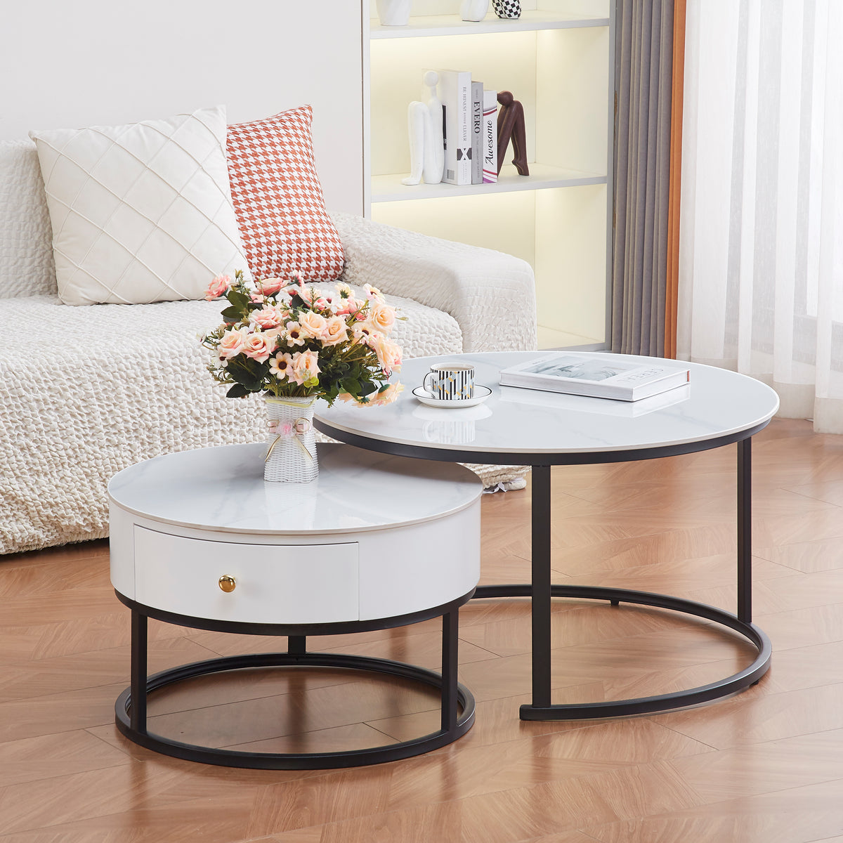 Table Basse Gigogne Novela Metal Noir Plateau Céramique Marbre Blanc 80+60Cm