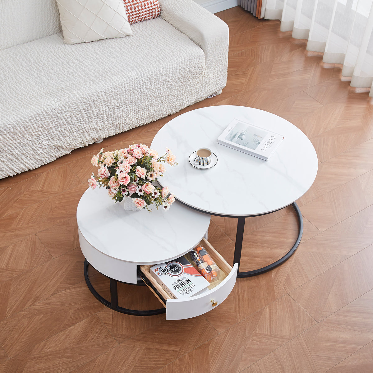 Table Basse Gigogne Novela Metal Noir Plateau Céramique Marbre Blanc 80+60Cm