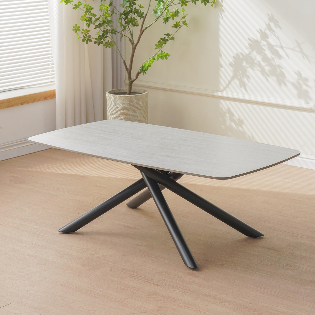 Table Basse Nysa Pied Metal Noir Céramique Travertin Blanc 120X70X45Cm