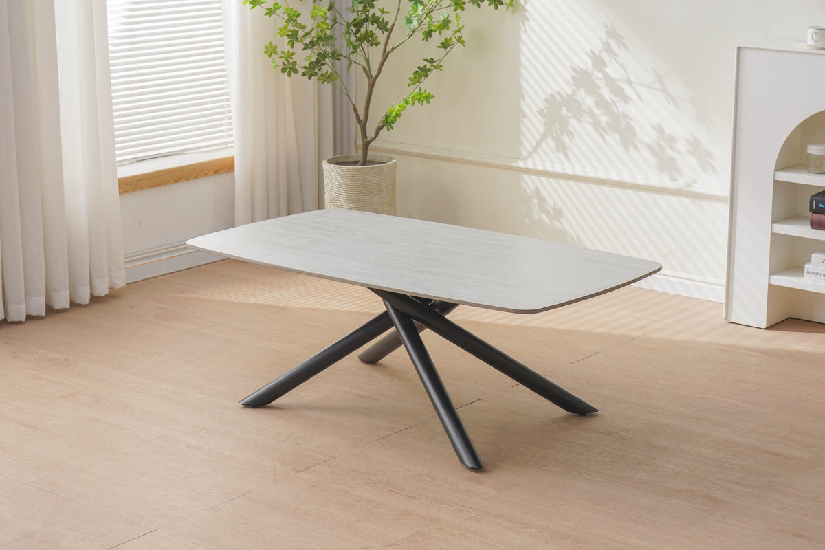 Table Basse Nysa Pied Metal Noir Céramique Travertin Blanc 120X70X45Cm