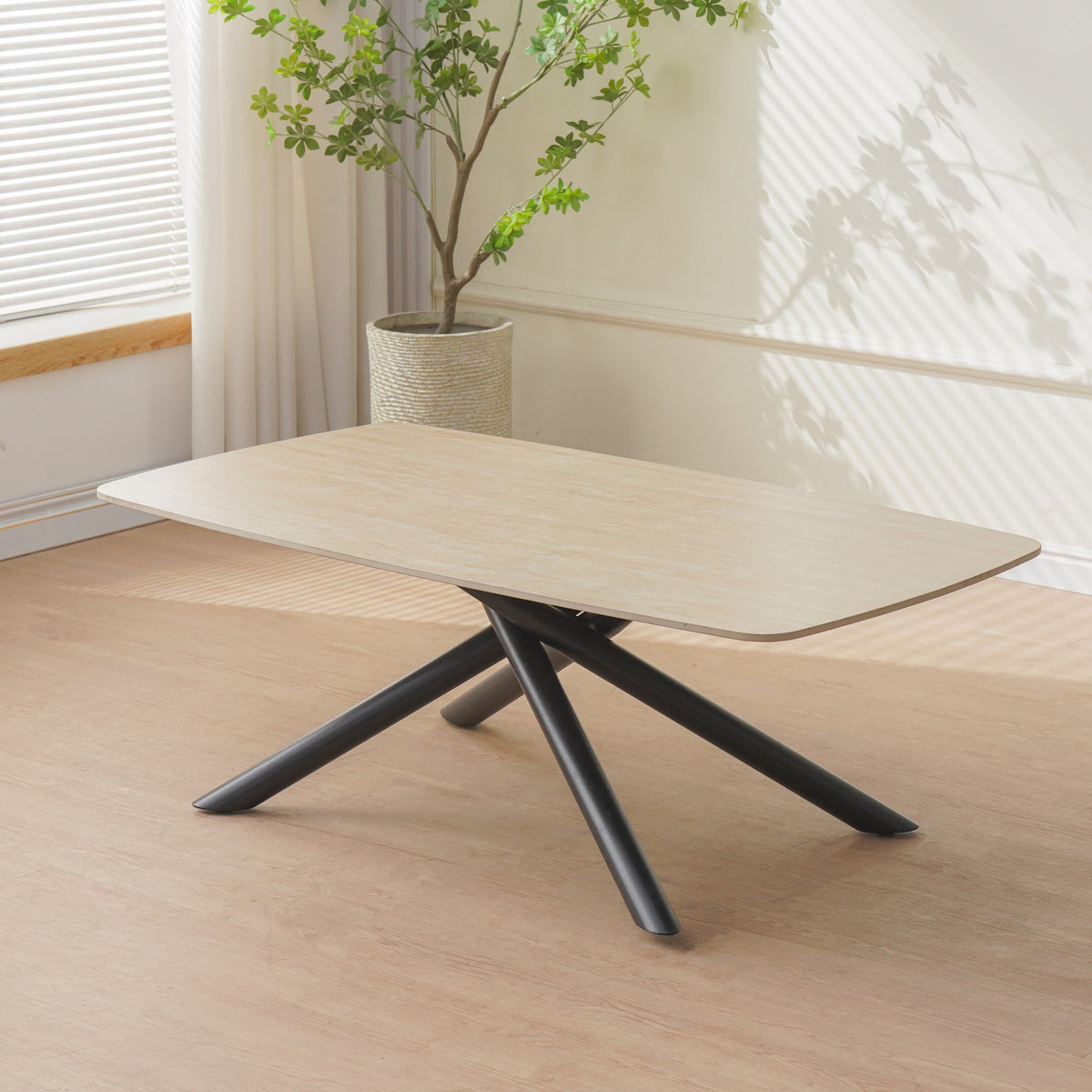 Table Basse Nysa Pied Metal Noir Céramique Travertin Mat 120X70X45Cm